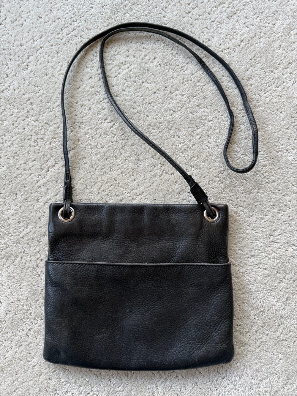 margot Black Leather Messenger Crossbody Bag with Grommet Details